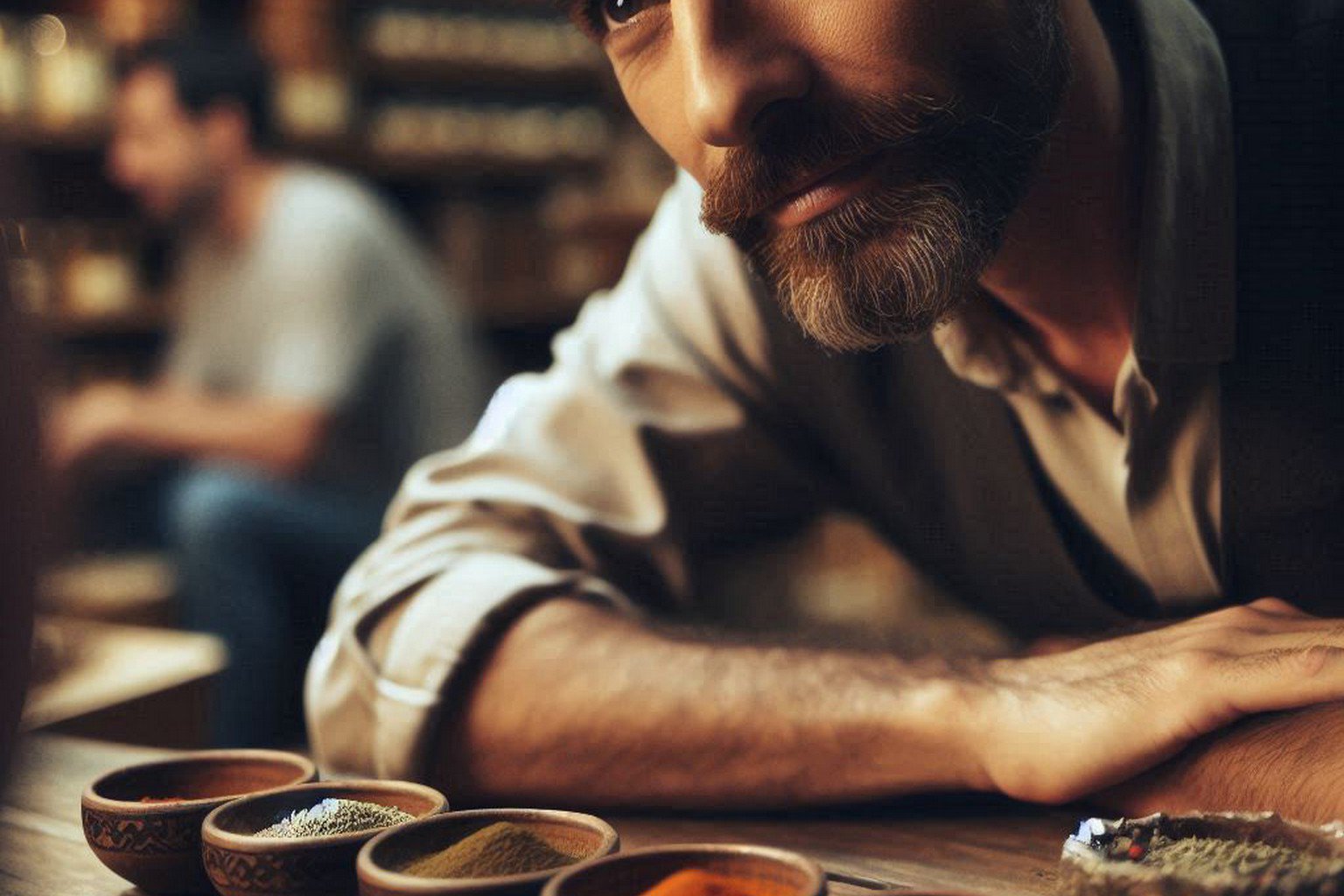 Spice merchant listening intently to customer, representing deep understanding