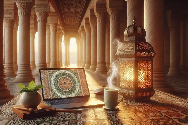 Laptop beside mint tea under Roman columns with Moroccan zellige patterns - ancient serenity meets digital focus