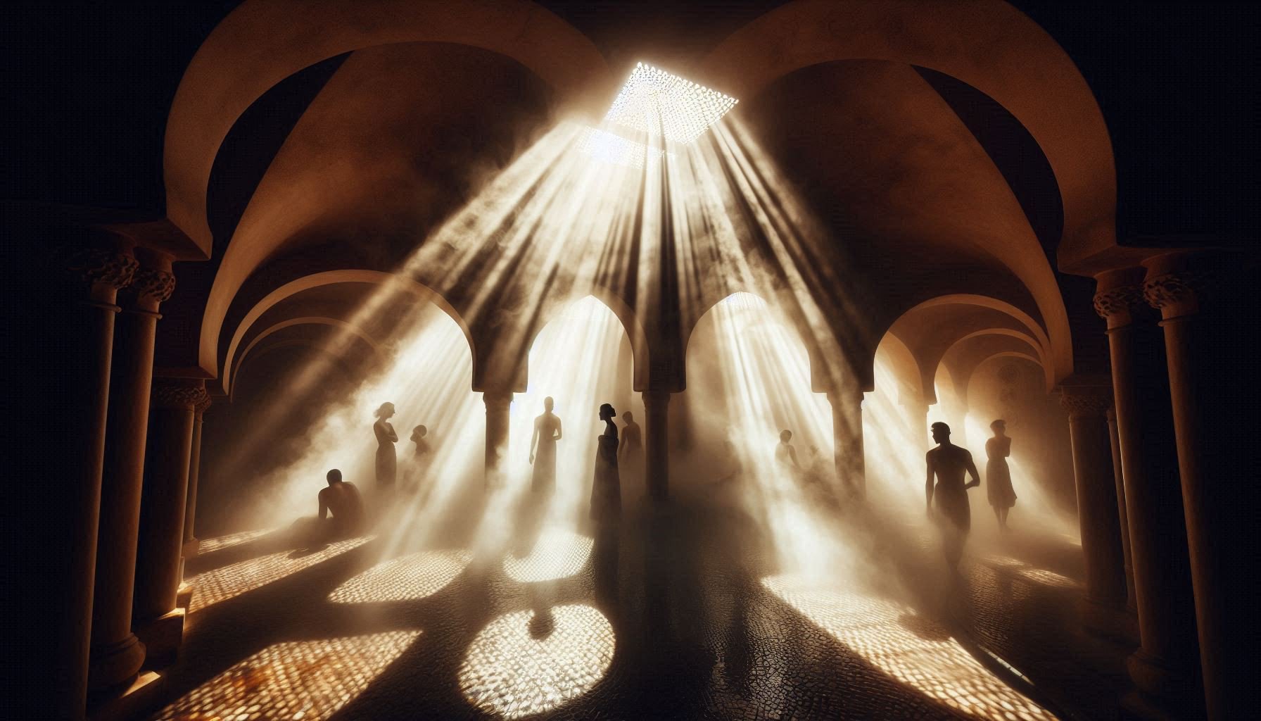Steam-filled Moroccan hammam with shafts of light - focus born in discomfort