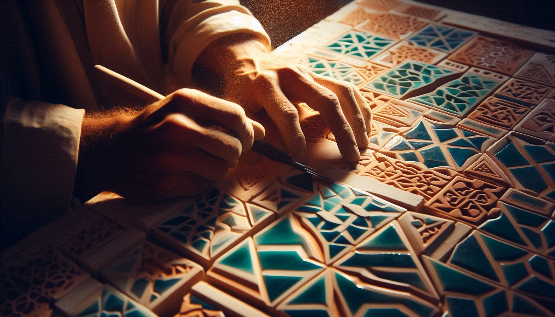 Hands of zellige artisan carving tiles - absolute focus as craft