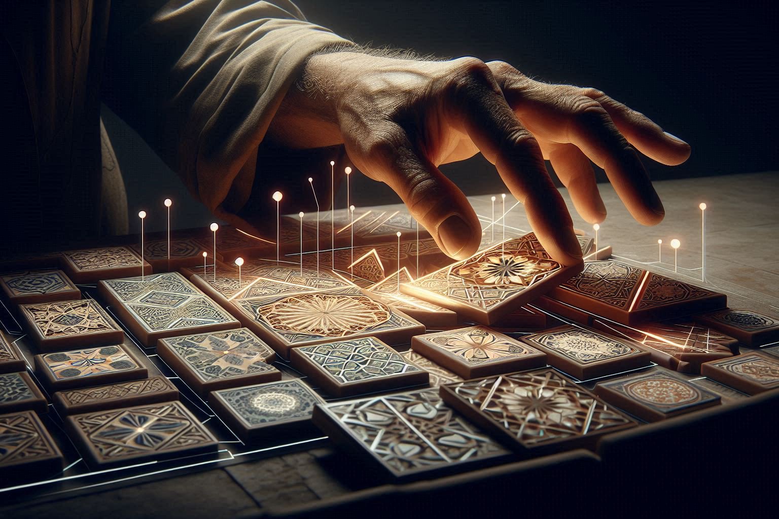 Salah Nomad's Zellige Blueprint philosophy shown through artisan hands placing a geometric tile that transforms into a modern productivity dashboard, symbolizing a system for soulful work.