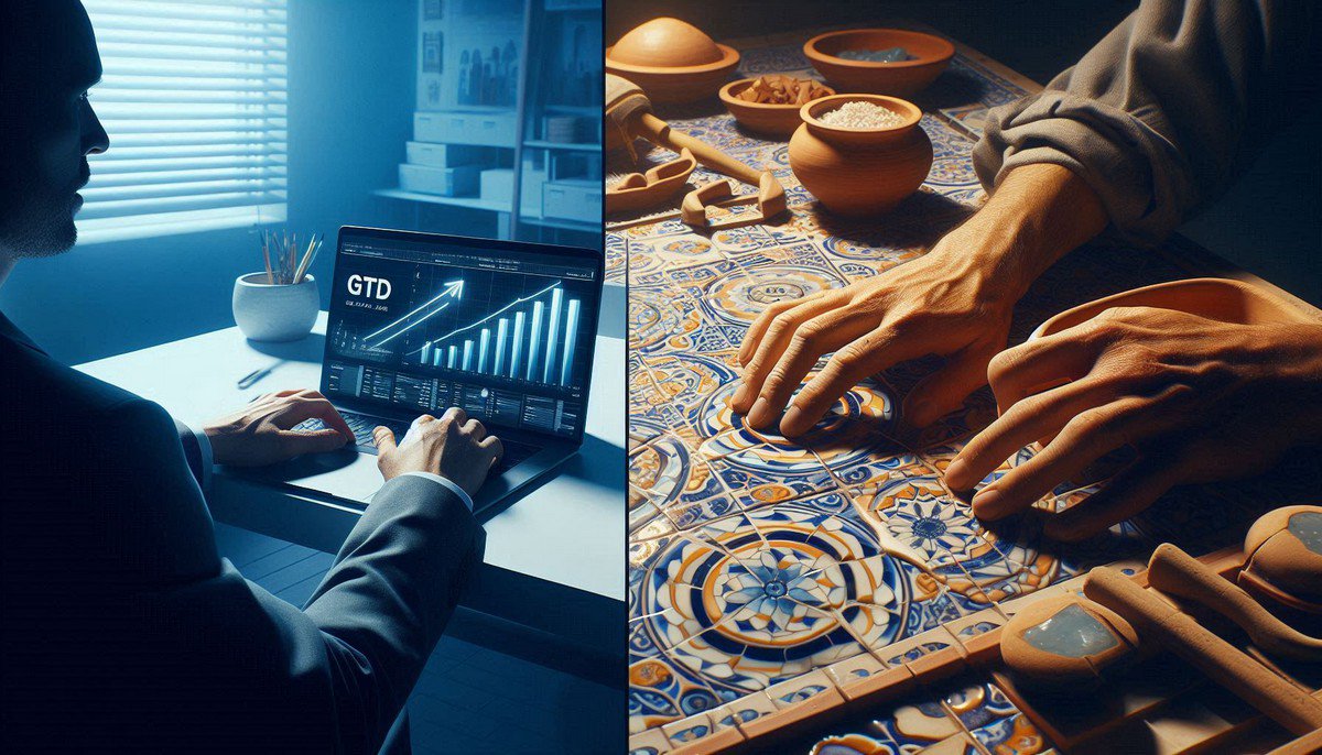 Split image showing a corporate GTD workflow on the left versus Moroccan artisan zellige patterns on the right, representing different productivity philosophies.