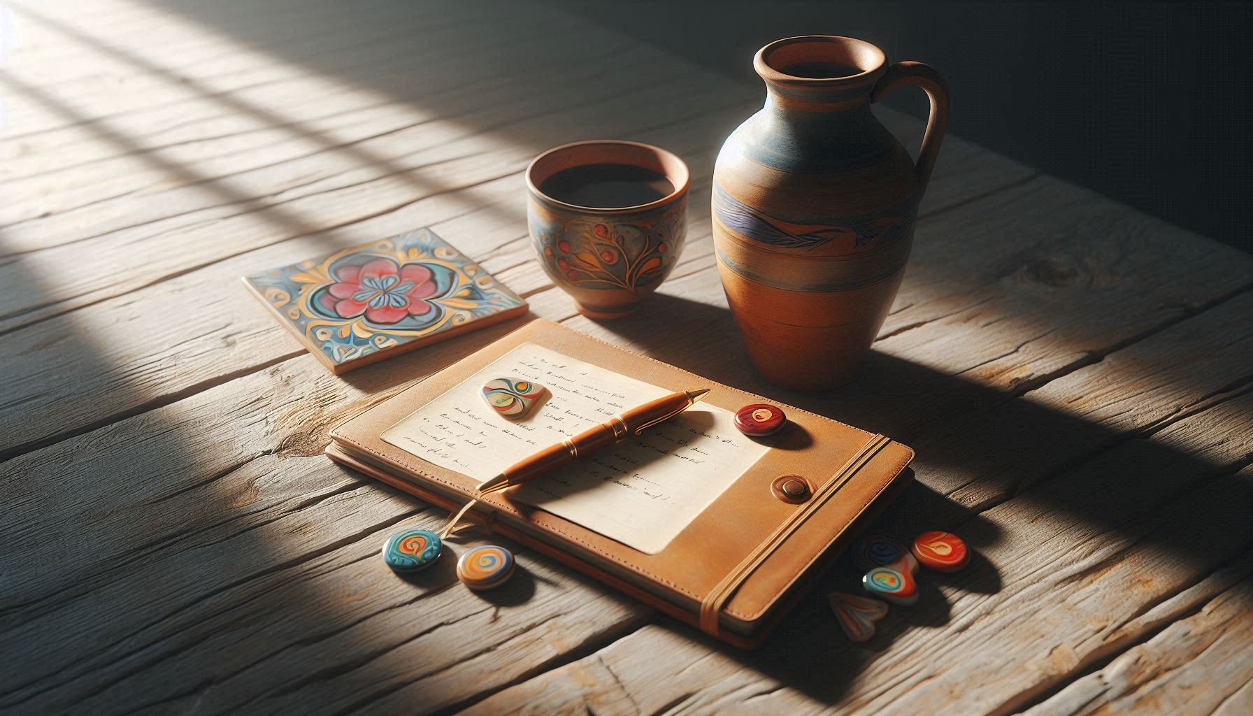 Calm desk scene for artisan morning ritual with coffee, notebook, and zellige tile