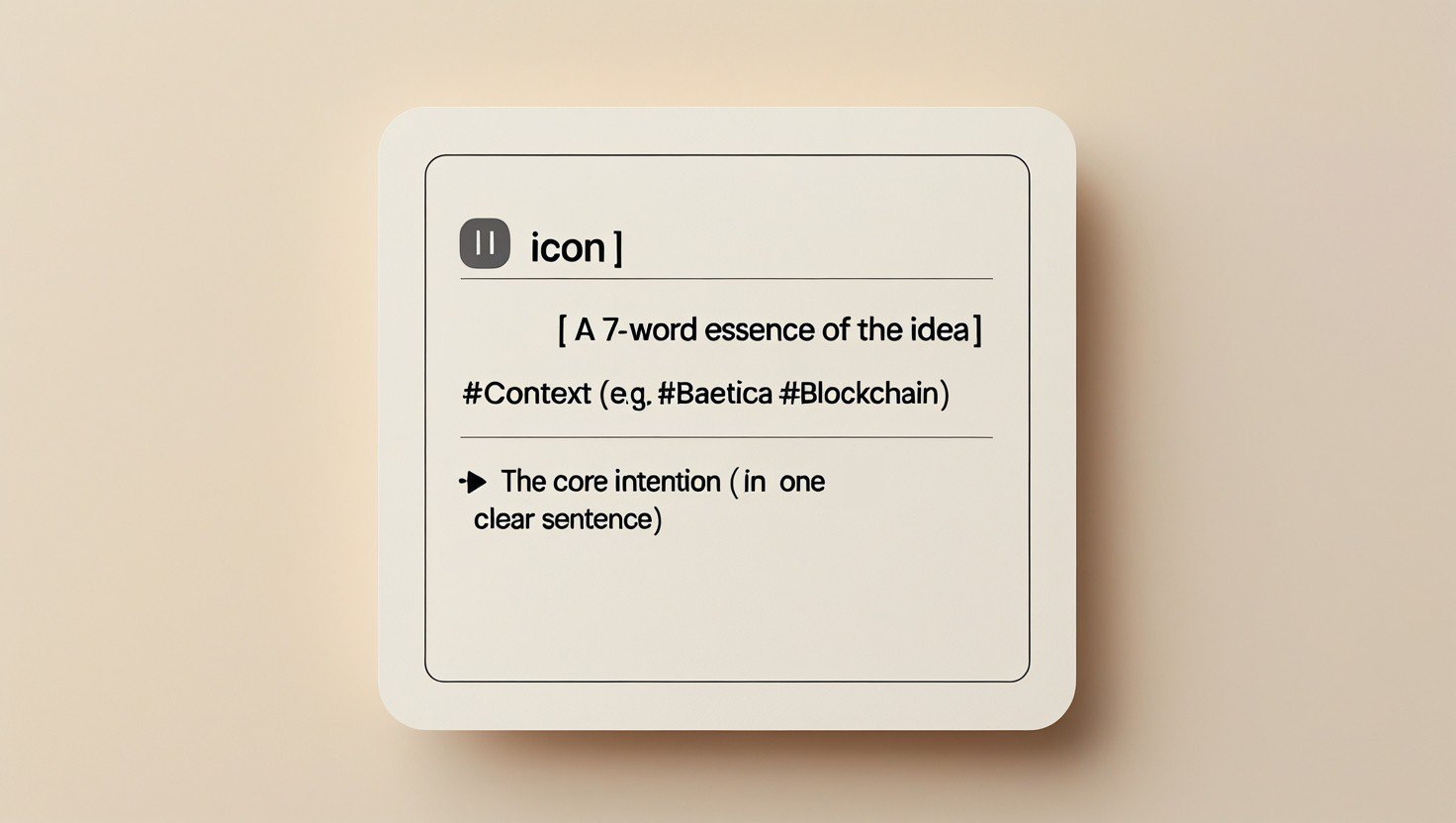 The Italica Template for shaping notes with icon, 7-word essence, context tags, and core intention