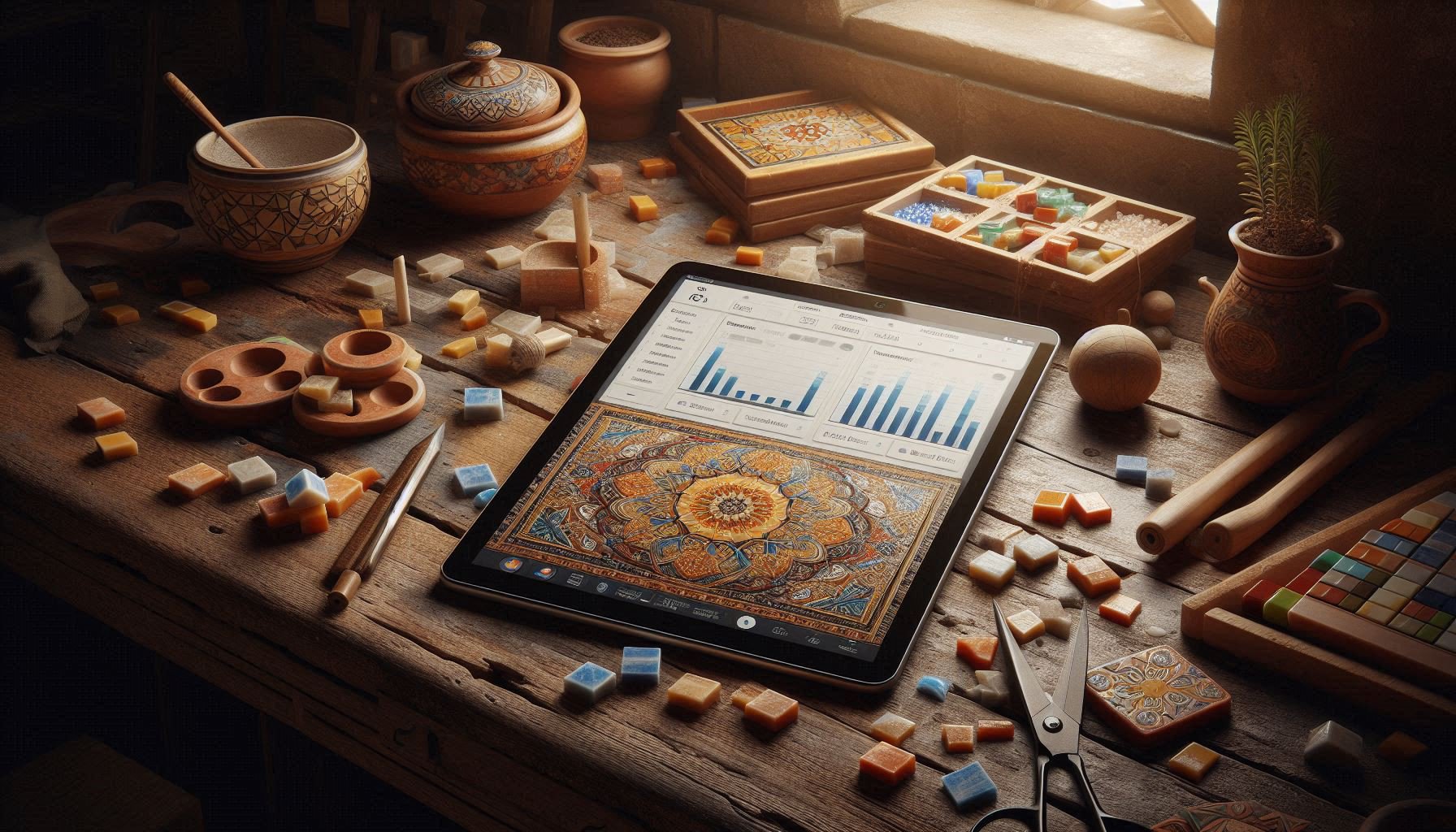 Modern productivity interface with geometric Mediterranean tile patterns symbolizing organized work systems