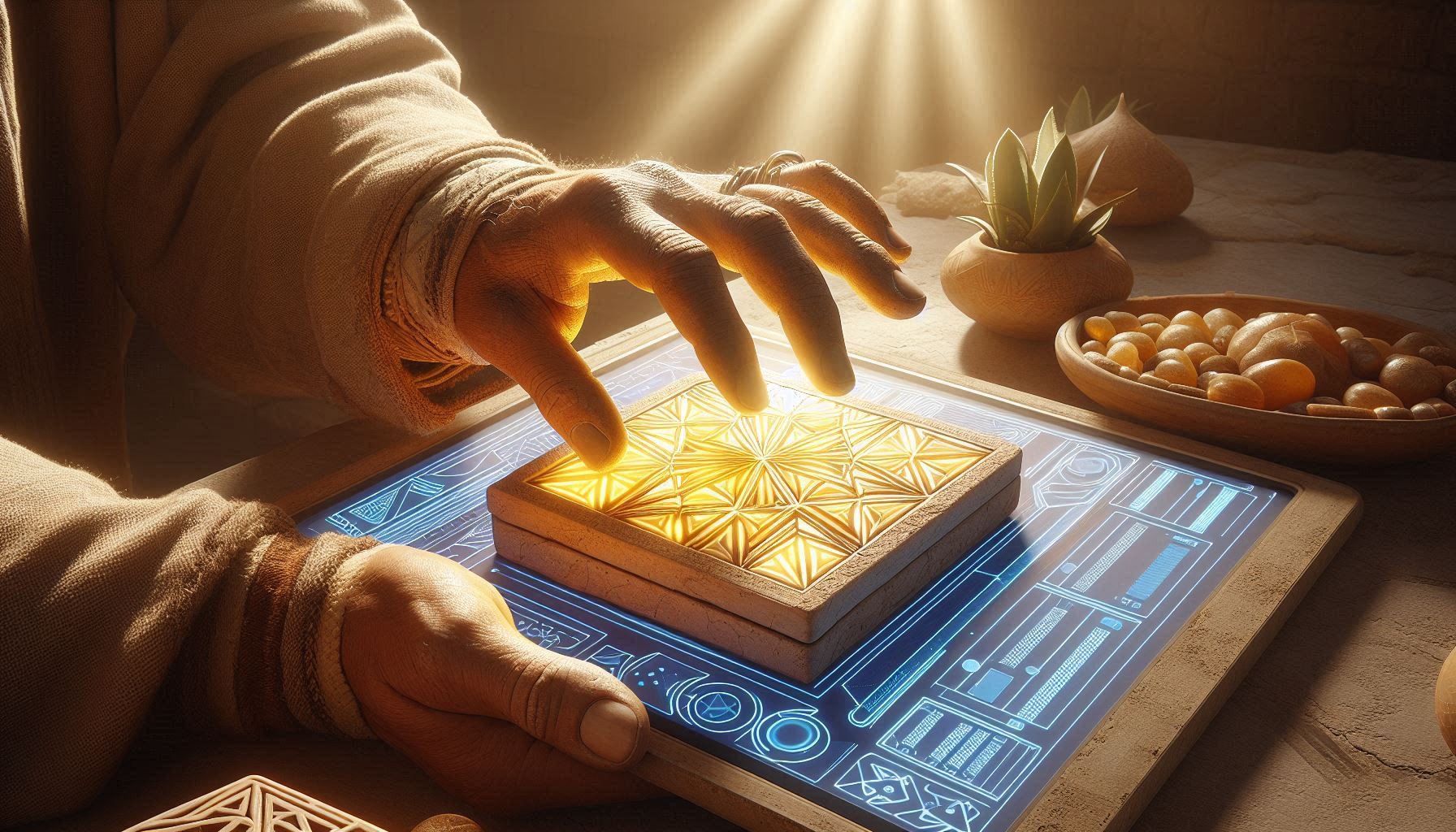 Close-up of artisan's hands placing geometric zellige tile into digital wireframe - fusion of Andalusian craftsmanship and modern interface design.